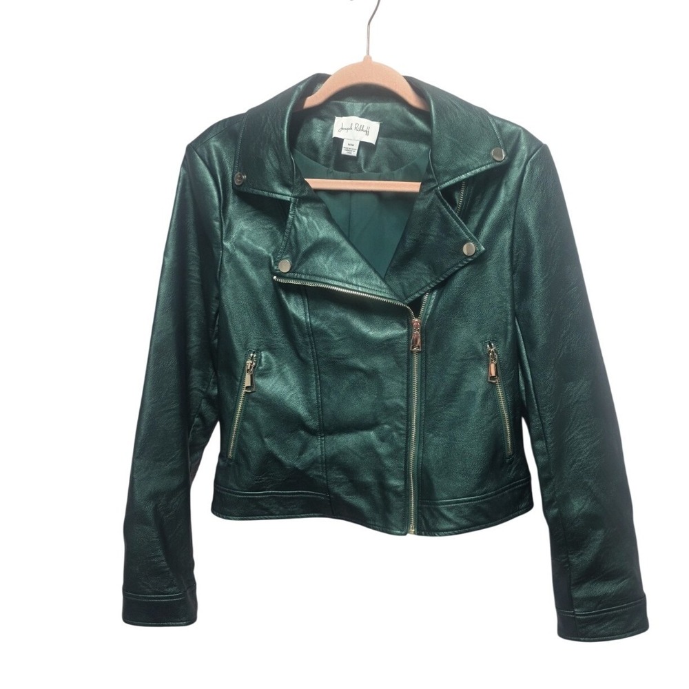 Joseph Ribkoff Green Metallic Faux Leather‎ Biker Jacket Womens Medium 234902